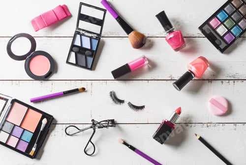 Preview: Various make-up products and cosmetics on wooden table