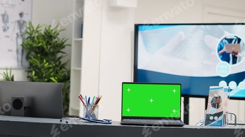 Preview: Laptop with greenscreen display at desk