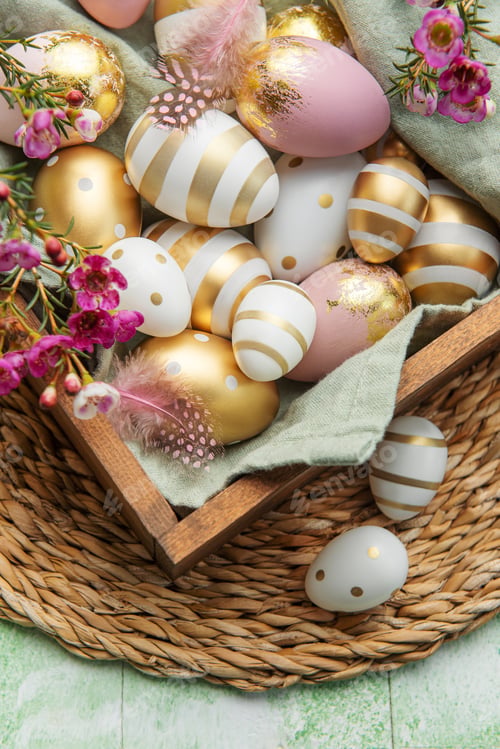 Preview: Easter decor. Colored Easter eggs in a wooden box on the table.