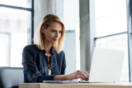 Preview: smiling professional businesswoman working with laptop in office
