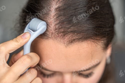 Preview: Close up view of young woman using microneedle derma roller on head for stimulating new hair growth