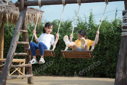Preview: Happy two kid playing on the wooden swing in the playground.