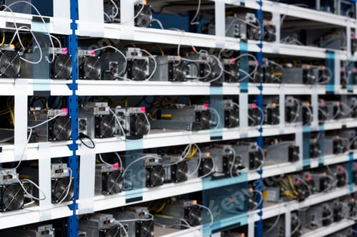 Preview: shelves with power supply units for cryptocurrency mining farm