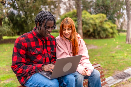 Preview: Students working on laptop in park, sharing knowledge and collaboration