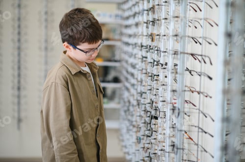 Preview: Boy choosing eyeglasses in optical store: vision care for children
