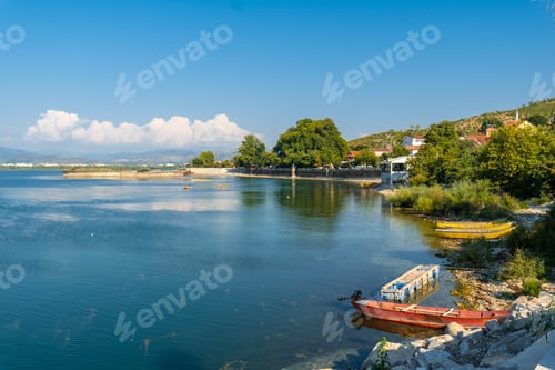 Preview: Views of Shiroka lake with boats near Shkoder in summer vacation. Albania