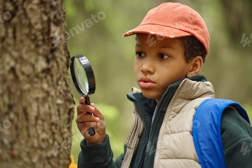 Preview: Curious Black Boy Examining Tree Bark with Magnifying Glass Outdoors