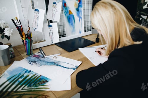 Preview: young blonde fashion designer drawing sketches at workplace