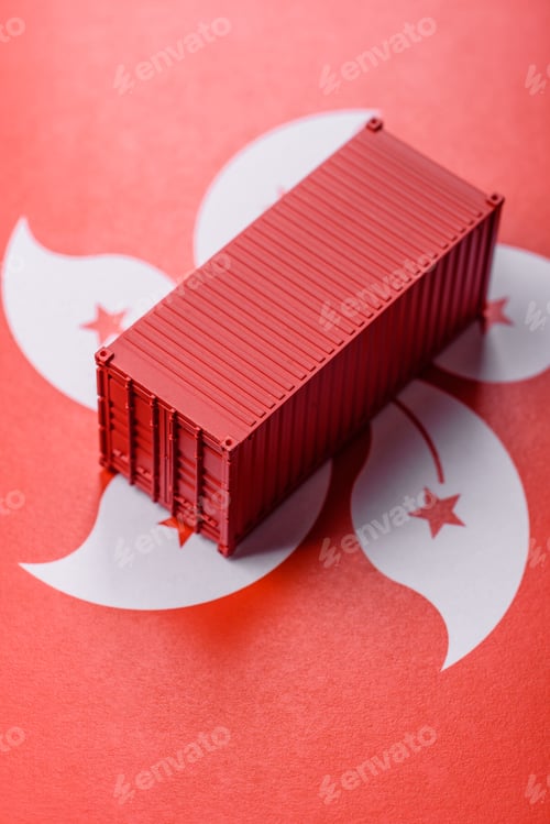 Preview: Cargo container on the hong kong flag as a conceptual backdrop for goods export. Cargo container