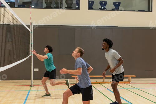 Preview: Diverse male volleyball teammates playing on gymnasium court with net, court lines and bench