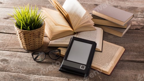 Preview: Relaxing setup with books, glasses, and an e-reader on a wooden table