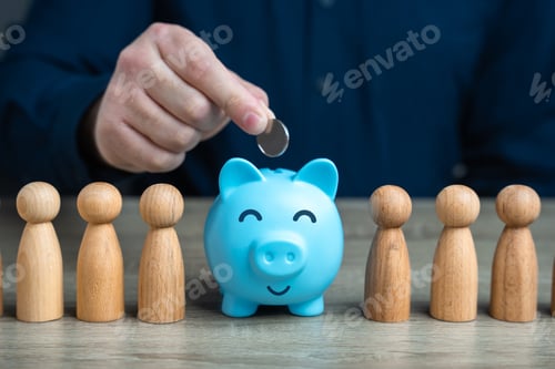 Preview: A man puts a coin in a piggy bank among people.