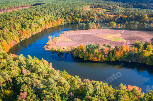 Preview: River and autumn forest at sunset, aerial view of Poland