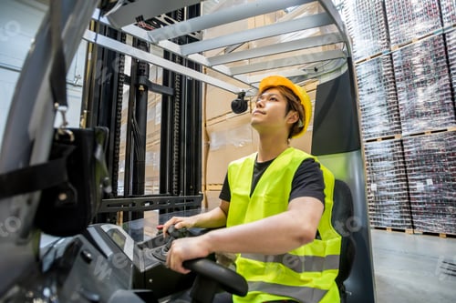 Preview: Focused asian warehouse worker with forklift at work