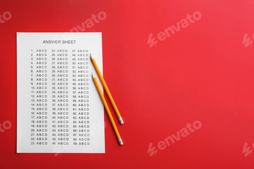 Preview: Answer sheet and pencils on color background, top view with space for text