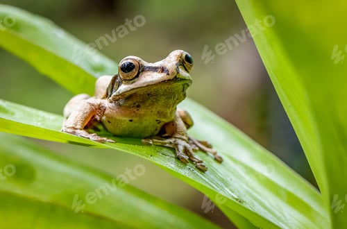 Preview: Closeup of a frog perched on a green leaf in Costa Rica