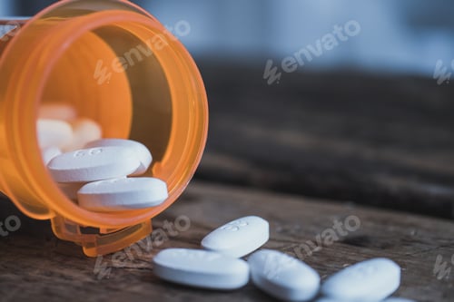 Preview: Beautiful picture of white pills on a wooden table