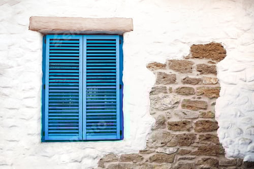 Preview: Old window with blue shutters