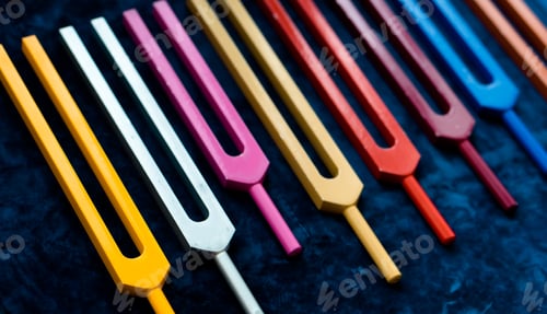 Preview: Colorful tuning forks on blue textile