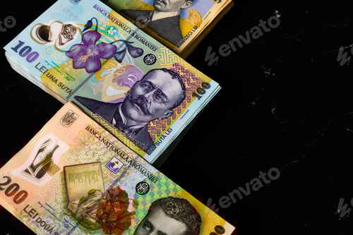 Preview: Closeup of the Romanian LEI bill piles on a black background