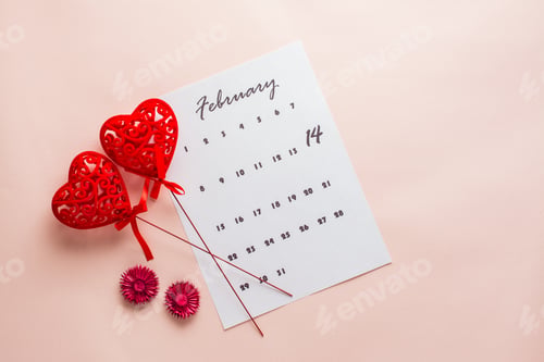 Preview: Valentine's Day. Calendar sheet with highlighted date February 14 and two hearts on sticks