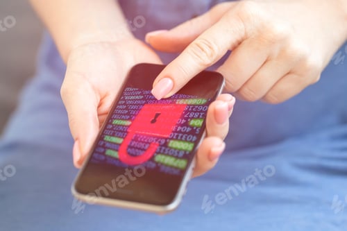Preview: Mobile phone in female hands with screen showing compromised virus infected device. Cyber attack.