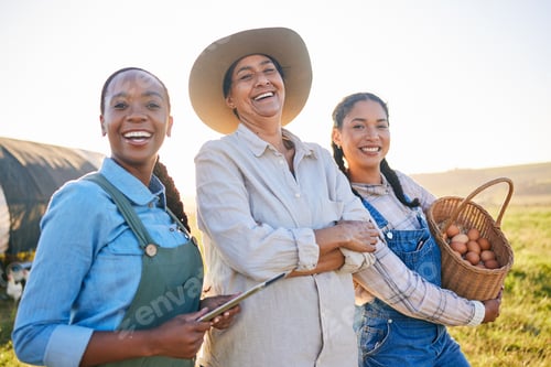 Preview: Chicken farm, women portrait and happy with farmer web management and egg collect. Agriculture, div