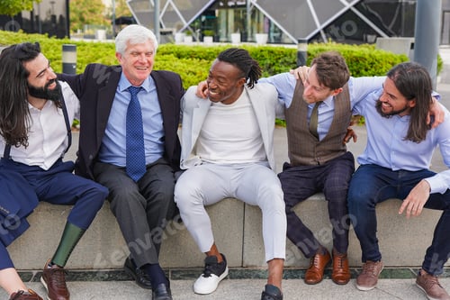 Preview: Multi generational business men hugging each other outside of office building