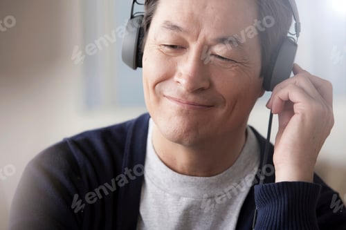 Preview: Man enjoying music with eyes closed and a gentle smile