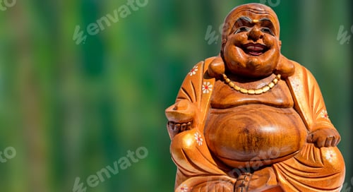 Preview: Closeup of a small wooden statue of Buddha of Happiness with a blurry background