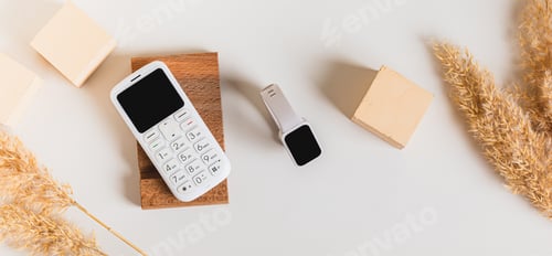 Preview: Wireless communication between a dump telephone and a fitness bracelet top view web banner
