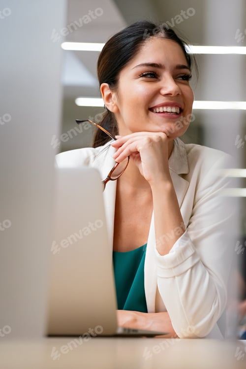 Preview: Portrait of happy young entrepreneur woman working with laptop sitting in the office.