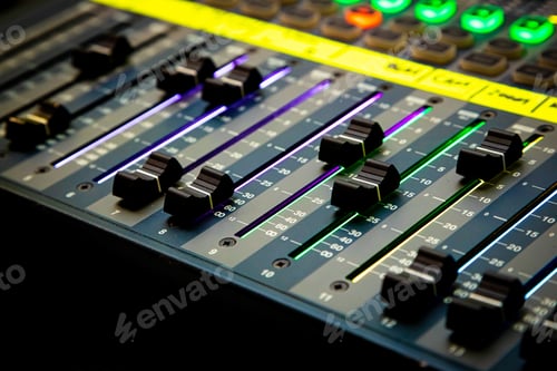 Preview: Closeup shot of sliders and buttons on an audio mixing desk at a live event