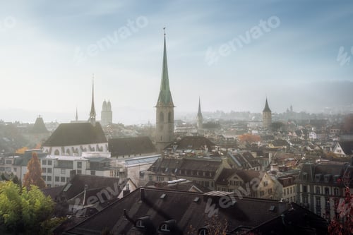 Preview: Aerial view of Zurich Skyline and Church Towers - Zurich, Switzerland