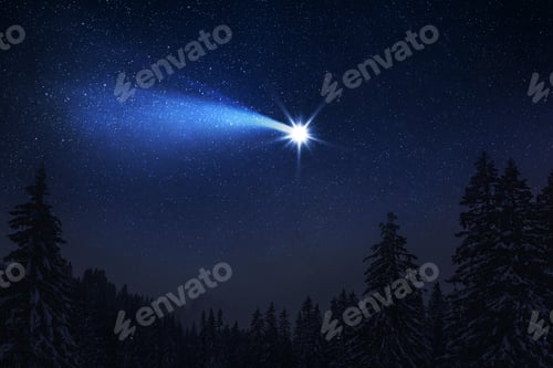 Preview: Christmas night. The first star lit up in the winter forest with snow and the night starry sky