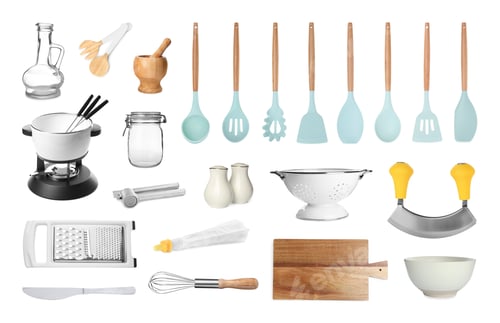 Preview: Set with different kitchenware on white background