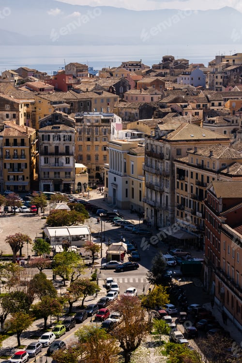 Preview: Aerial view of an urban landscape with older buildings and trees