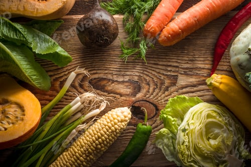 Preview: Carrots, Iceberg lettuce and various vegetables on a wooden table