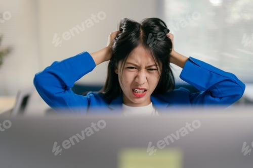 Preview: Young businesswoman is feeling frustrated and stressed while working on her laptop in the office. S