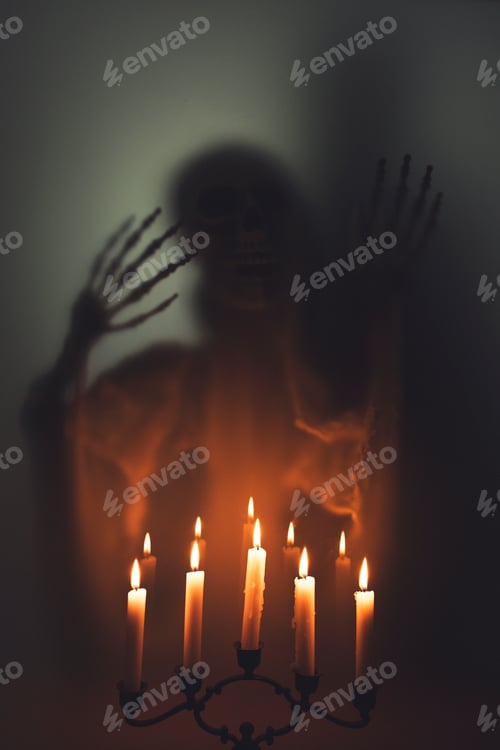Preview: Mysterious creature with skull under the night light for Halloween