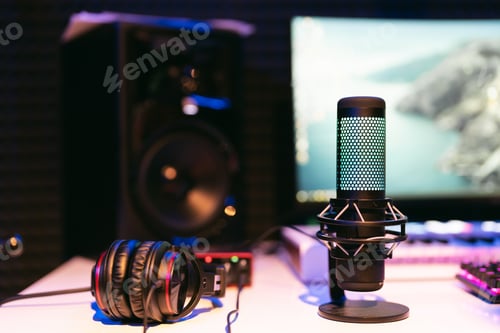 Preview: Microphone on studio blurred colorful background