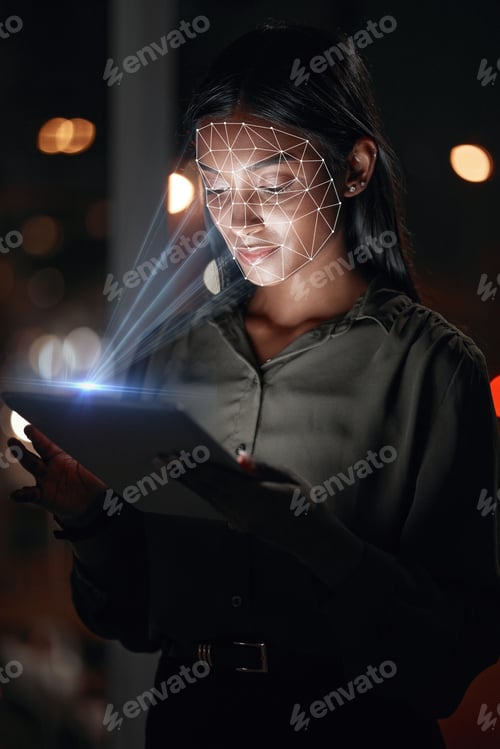 Preview: Woman, tablet and facial recognition at night in biometrics for access, verification or identificat
