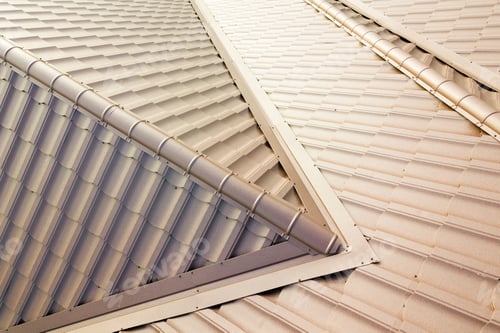 Preview: Aerial view of house roof structure covered with brown metal tile sheets