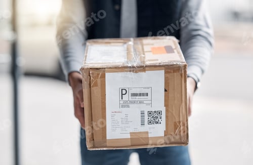 Preview: Shipping box, courier hands and delivery man giving retail sales product, shopping stock or cardboa