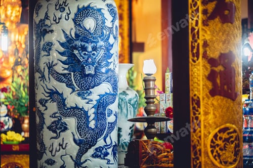 Preview: Closeup shot of an ancient China glass vase in a Buddhist temple in Vietnam