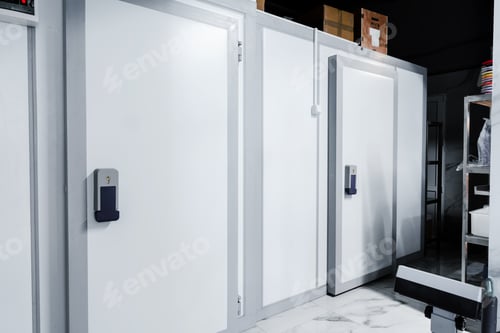 Preview: Refrigerator room door in professional kitchen in restaurant