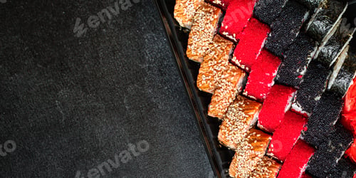 Preview: Sushi Rolls Set Salmon, Trout, Tuna, Tobiko Caviar Fresh Snack Ready To Eat On The Table Meal Snack