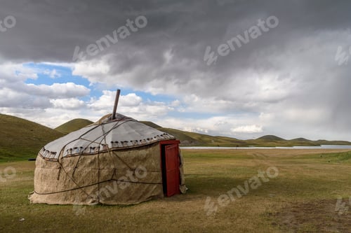 Preview: Exterior view of traditional yurt in Tulpar Kul, Kyrgyzstan.
