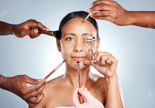 Preview: Makeup tools, hands and face with senior woman, cosmetic brush and curler for lashes for beauty iso