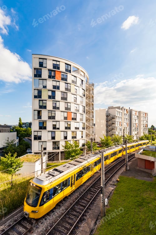Preview: Germany, Stuttgart, high-rise residential building and tram